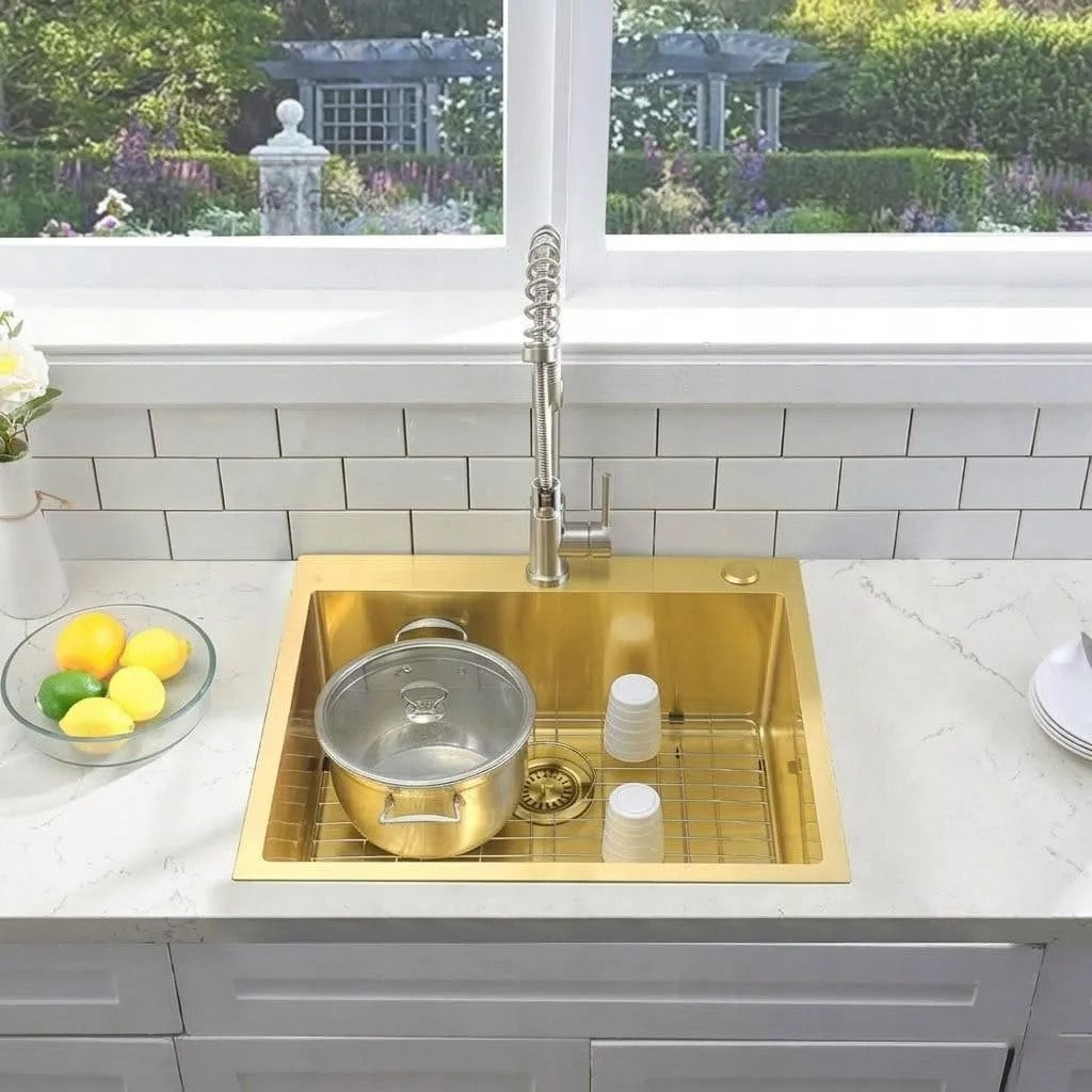 Oceľové umývadlo Liam BRUSH GOLD s kuchynskou batériou 10