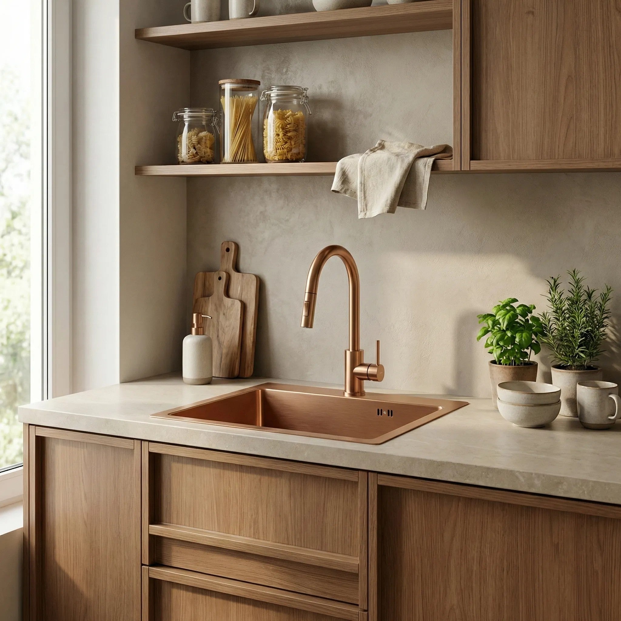 Oceľové umývadlo Leo 50 BRUSH COPPER s kuchynskou batériou 1