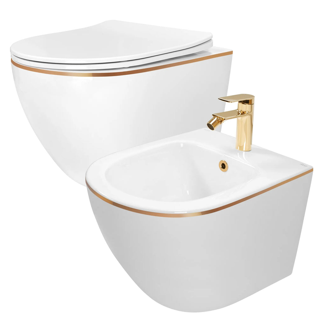 Sada: WC misa CARLO Mini + bidet CARLO Mini biely so zlatým okrajom  1