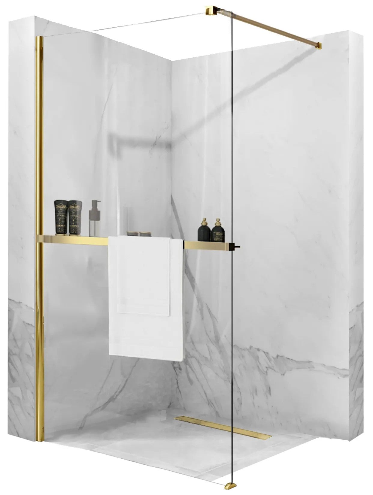 Sprchová zástena REA AERO N 90 s poličkou a vešiakom EVO - zlatá  1