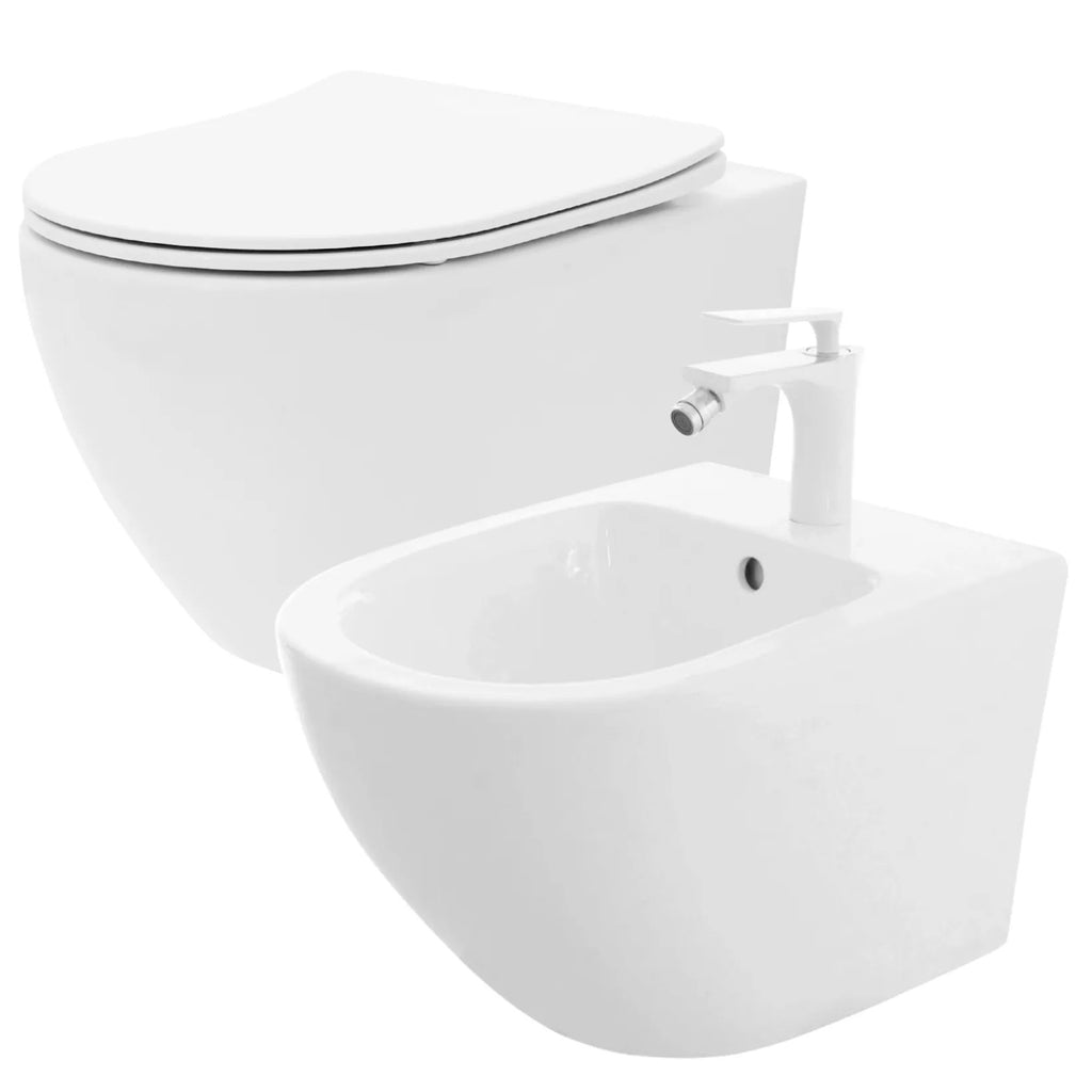Sada závesnej WC misy REA CARLO Flat Mini Rimless + závesného Bidetu REA CARLO Mini  1