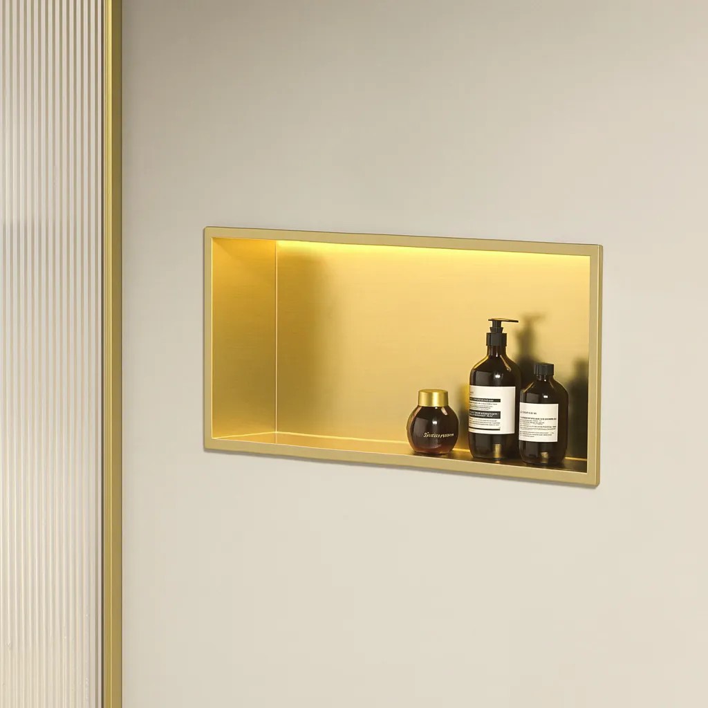 VSTAVANÁ KÚPEĽŇOVÁ POLICA LED 30x60 brush gold  2