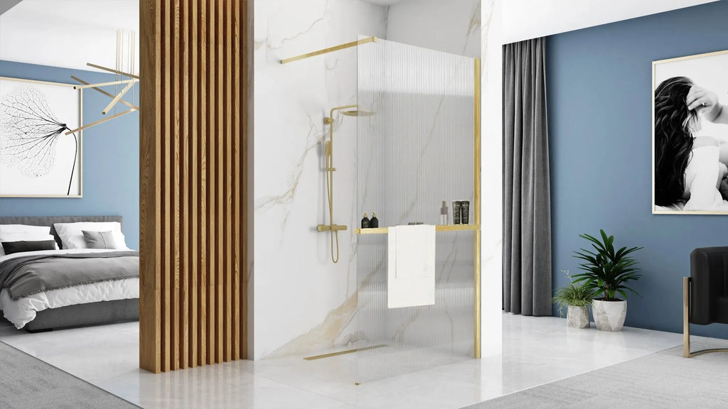 Sprchová zástena REA AERO Intimo Gold Brush 100 walk-in + polica a vešiak EVO - zlatá  2