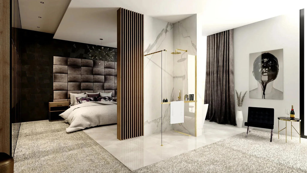 Sprchová zástena REA AERO Brush N 90 walk-in + polica a vešiak EVO - zlatá  2