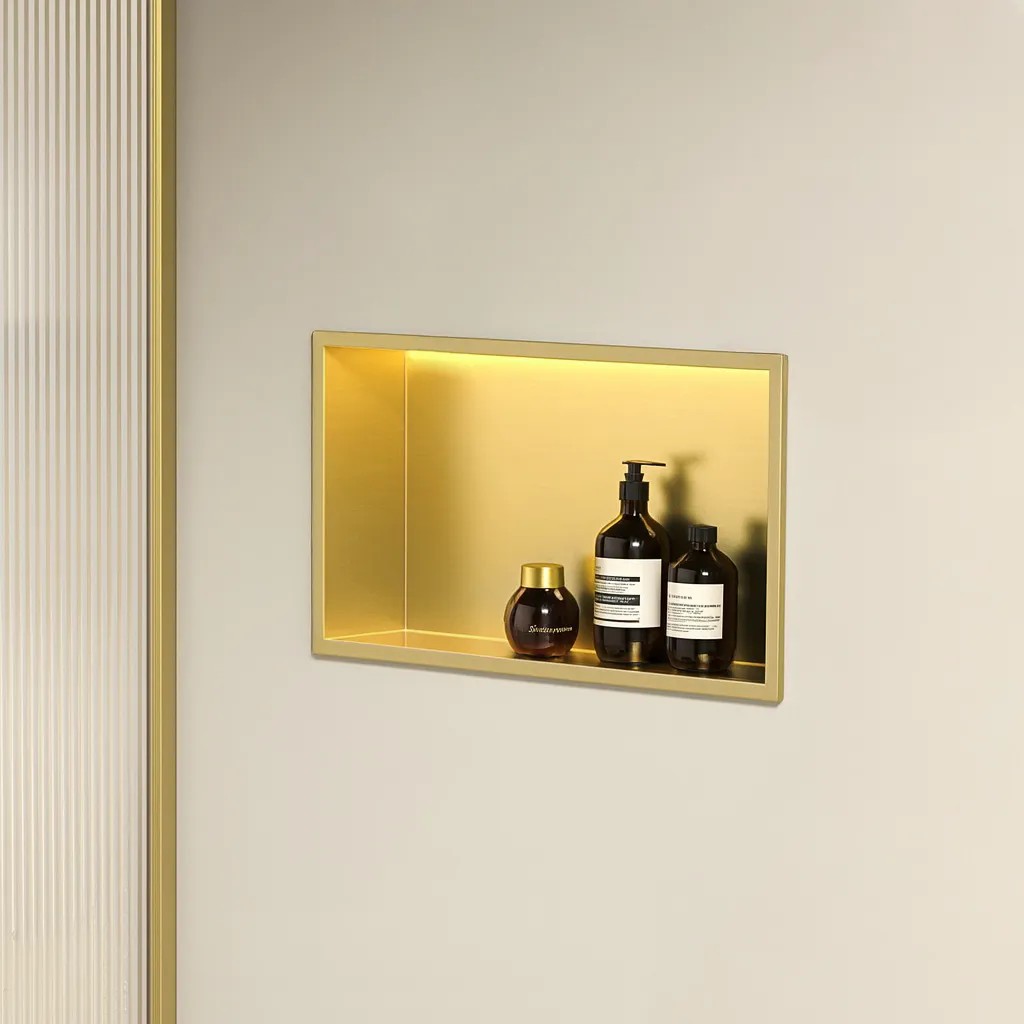 VSTAVANÁ KÚPEĽŇOVÁ POLICA LED 30x45 brush gold  2