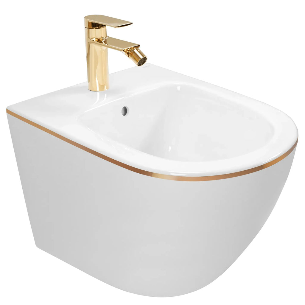 Závesná WC misa REA CARLO Mini Rimless - biela-zlatý okraj  3