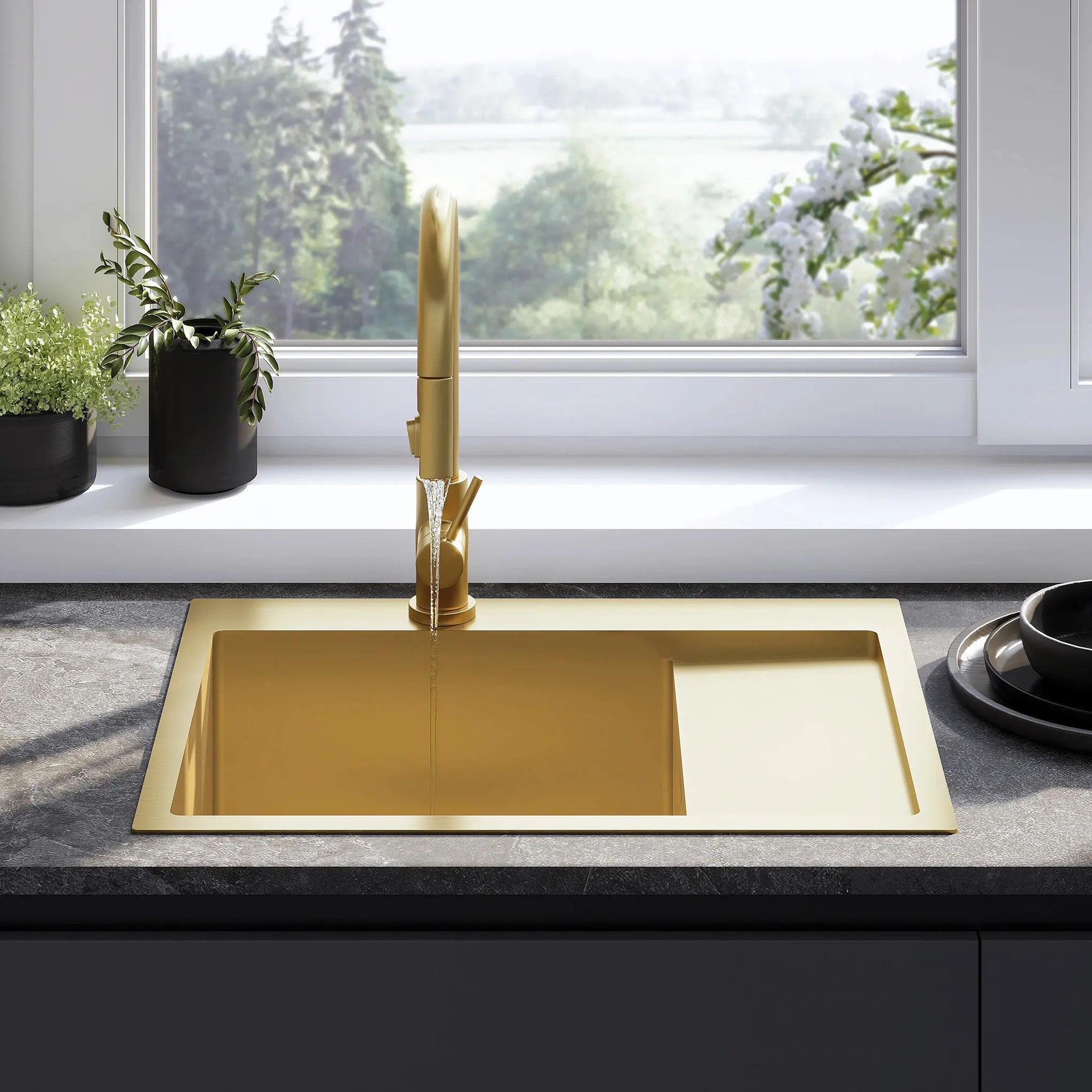 Oceľové umývadlo Fin BRUSH GOLD s kuchynskou batériou 4